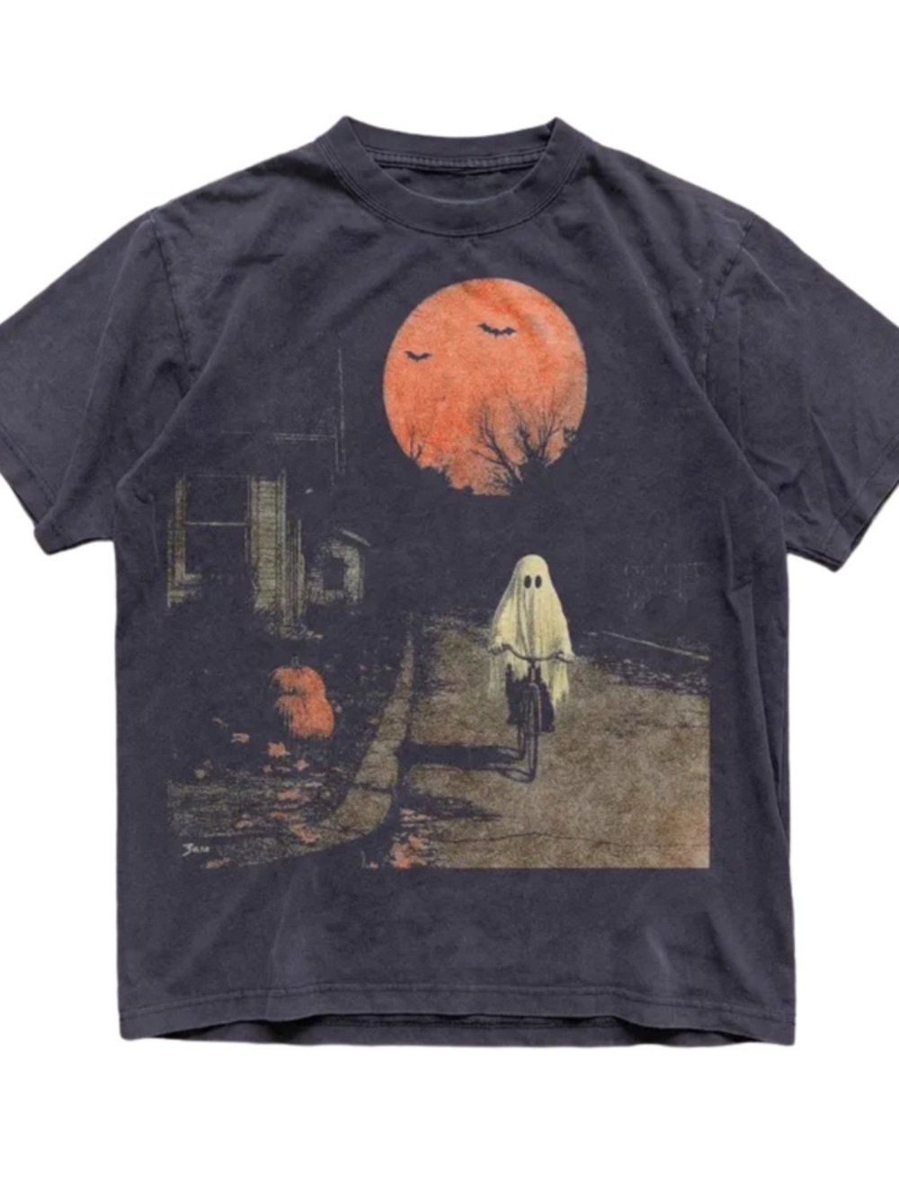 Black Tee with Halloween Ghost & Orange Moon Graphic, Gift For Her, For Him